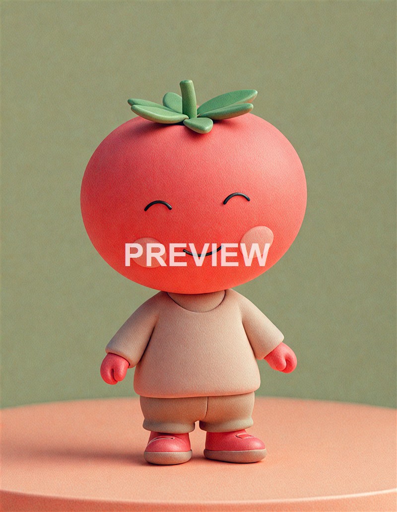 A cute, cartoon-like character with a large, round, smiling tomato head with green leaves on top, wearing a beige outfit and standing on a peach-colored platform against a muted green background.